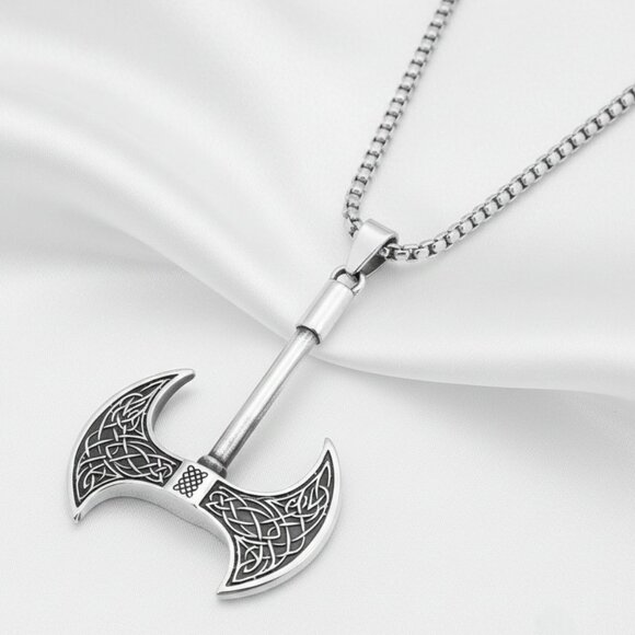 Viking Axe Double Head Pendant Necklace 316L Stainless Steel Mens Unisex NWOT - Picture 1 of 8